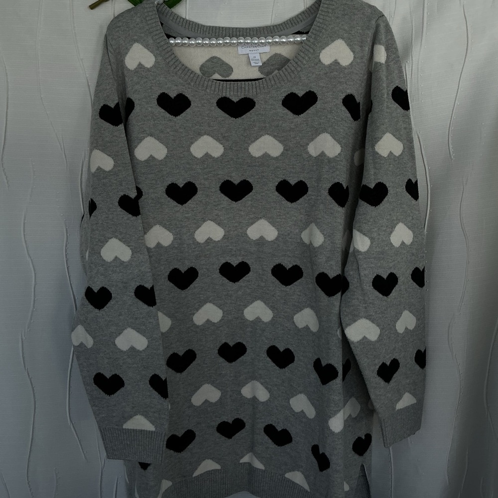 Charter Club Gray Sweater with Black and Cream Hearts
